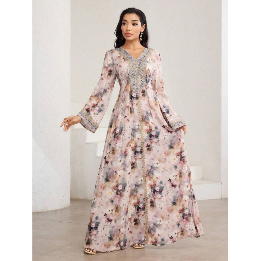 SHEIN Floral Embroidered V-Neck Maxi Dress Long Bell Sleeve Gown Pink Blue